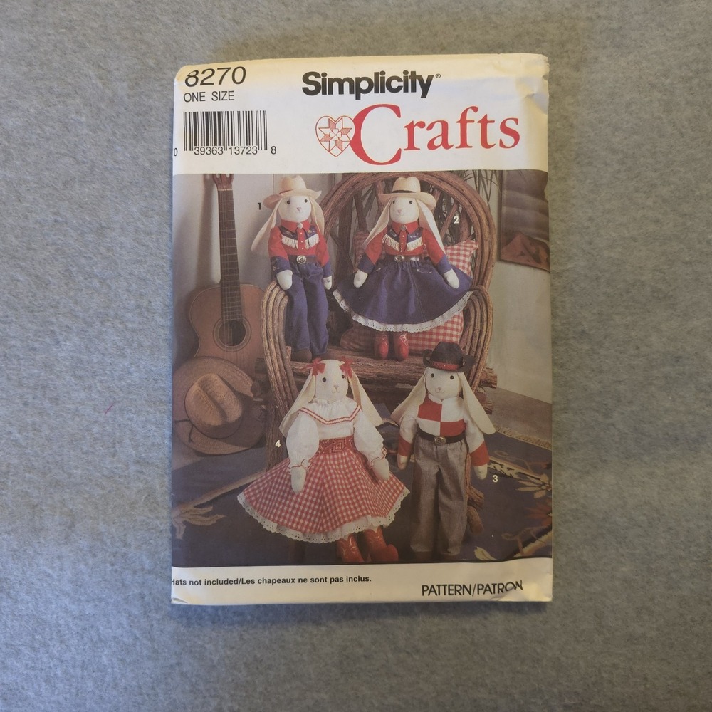 Simplicity Crafts 8270 Bunny Rabbit Doll Clothes Pattern Cowboy Cowgirl Uncut